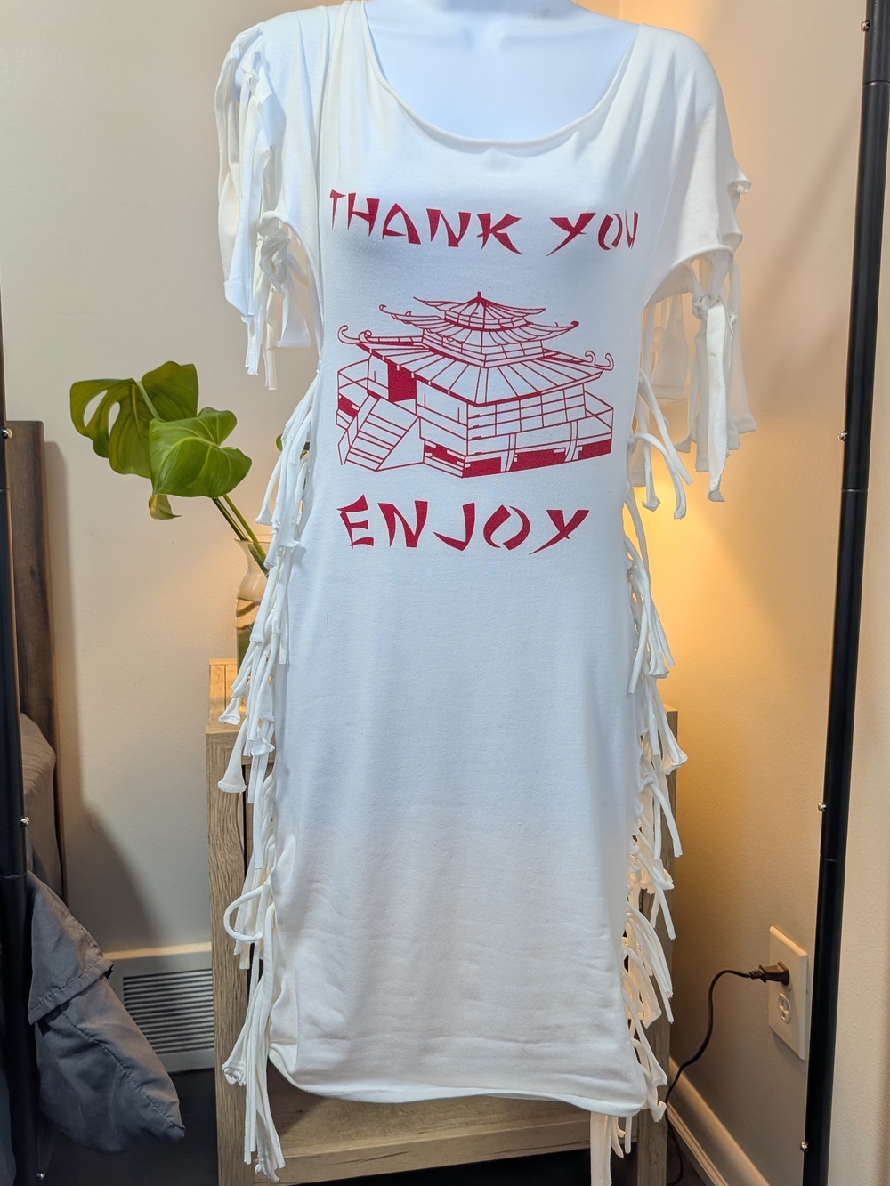Source Unknown White Fringe Tee Dress with Red Graphic
